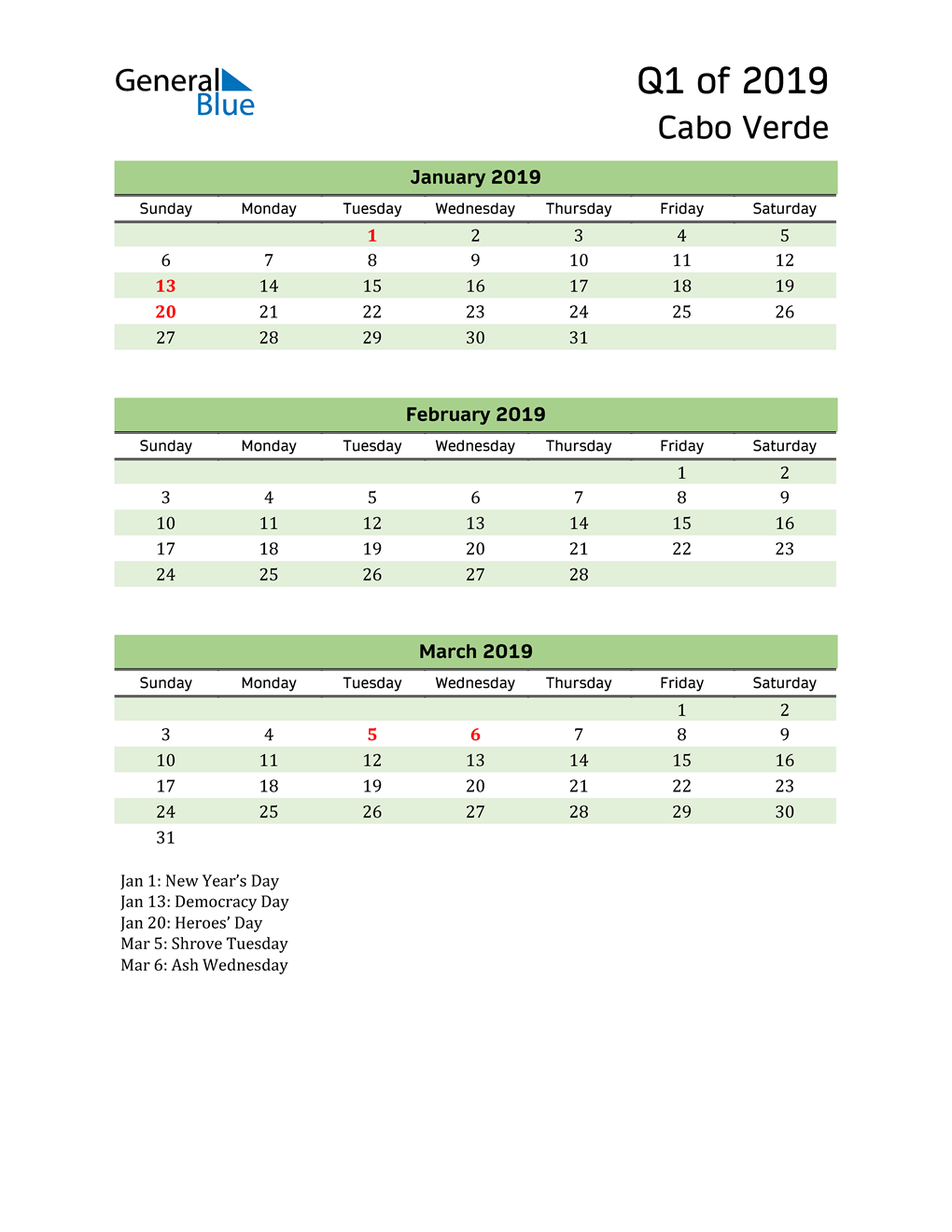  Quarterly Calendar 2019 with Cabo Verde Holidays 
