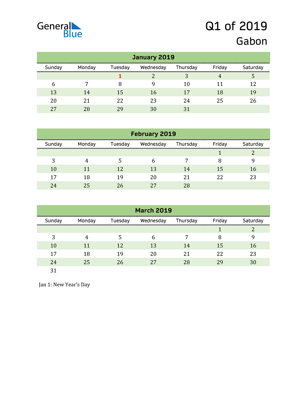  Quarterly Calendar 2019 with Gabon Holidays 