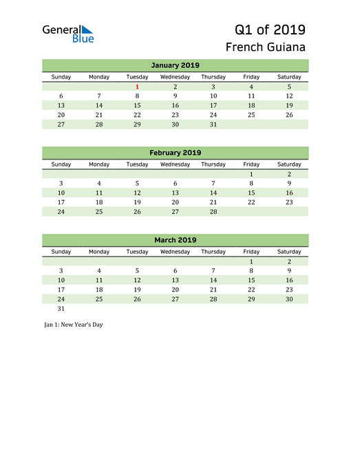  Quarterly Calendar 2019 with French Guiana Holidays 