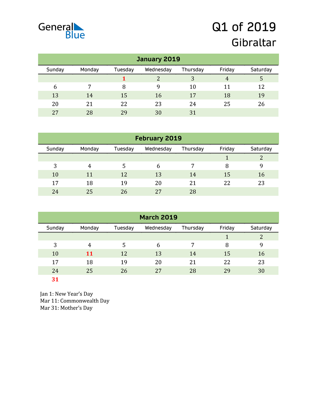  Quarterly Calendar 2019 with Gibraltar Holidays 
