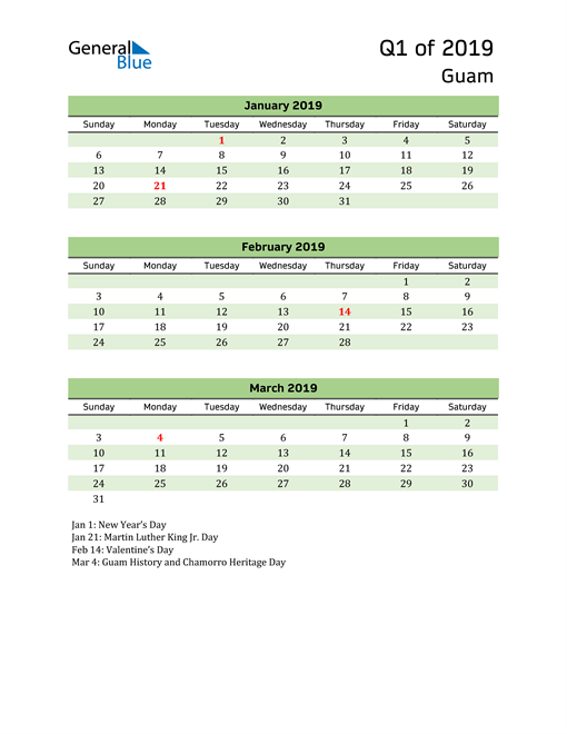 Quarterly Calendar 2019 with Guam Holidays 