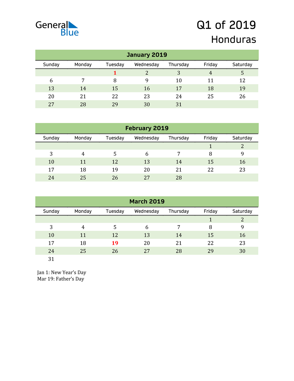  Quarterly Calendar 2019 with Honduras Holidays 