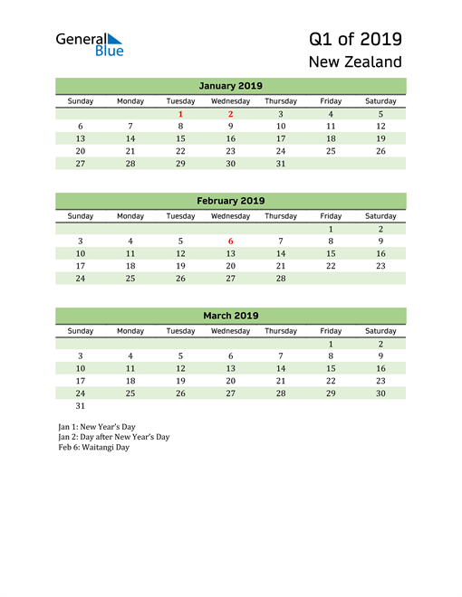  Quarterly Calendar 2019 with New Zealand Holidays 
