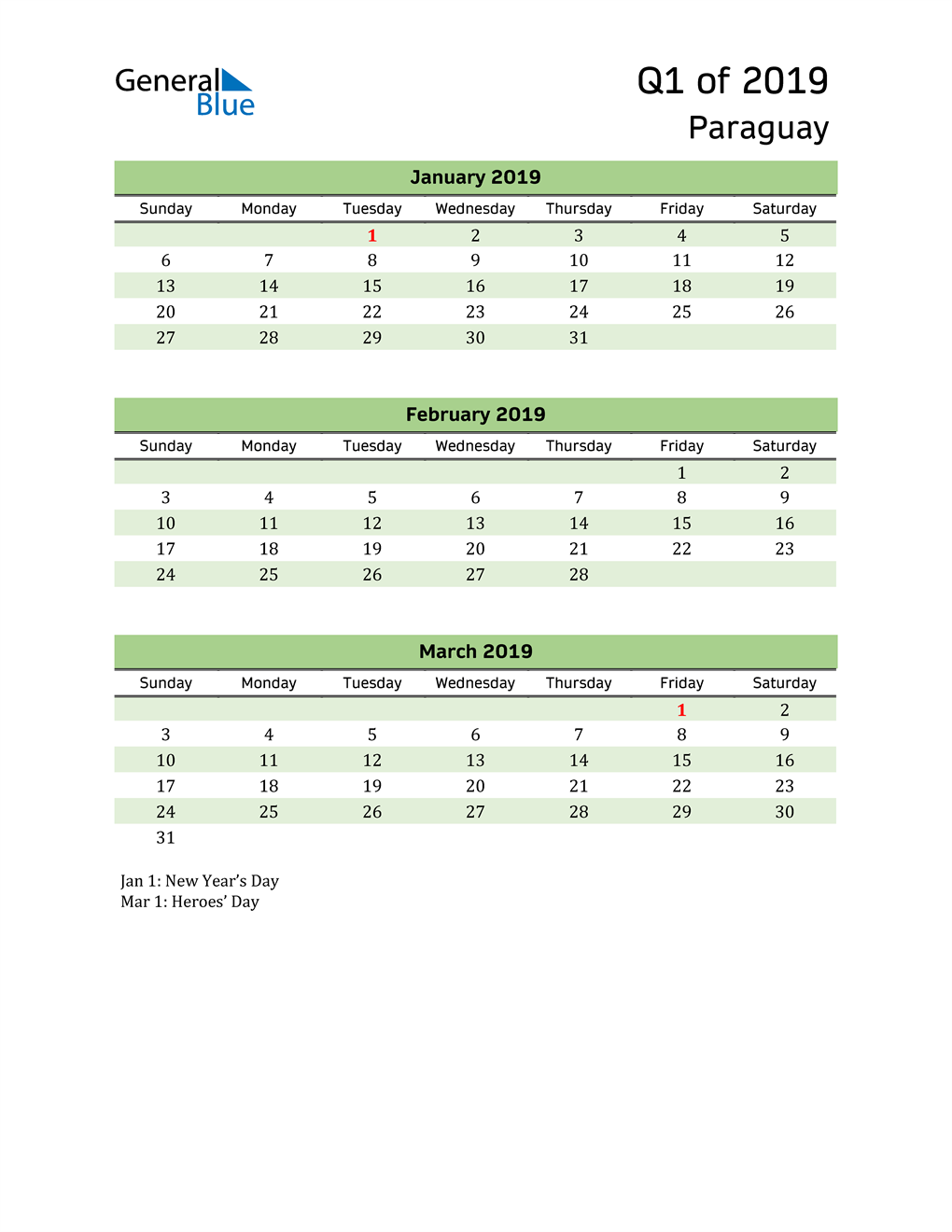  Quarterly Calendar 2019 with Paraguay Holidays 