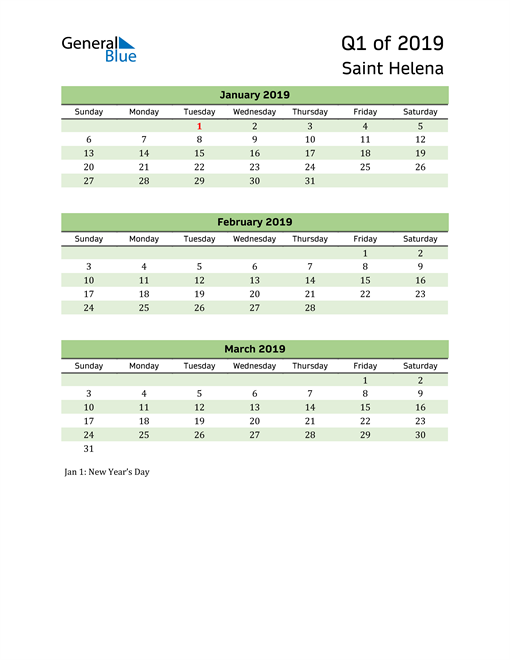  Quarterly Calendar 2019 with Saint Helena Holidays 