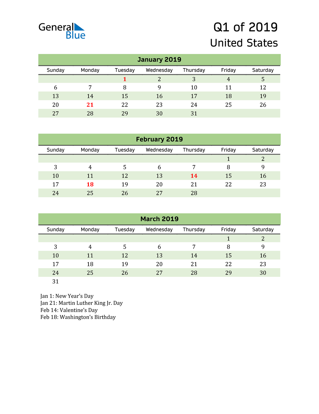  Quarterly Calendar 2019 with United States Holidays 