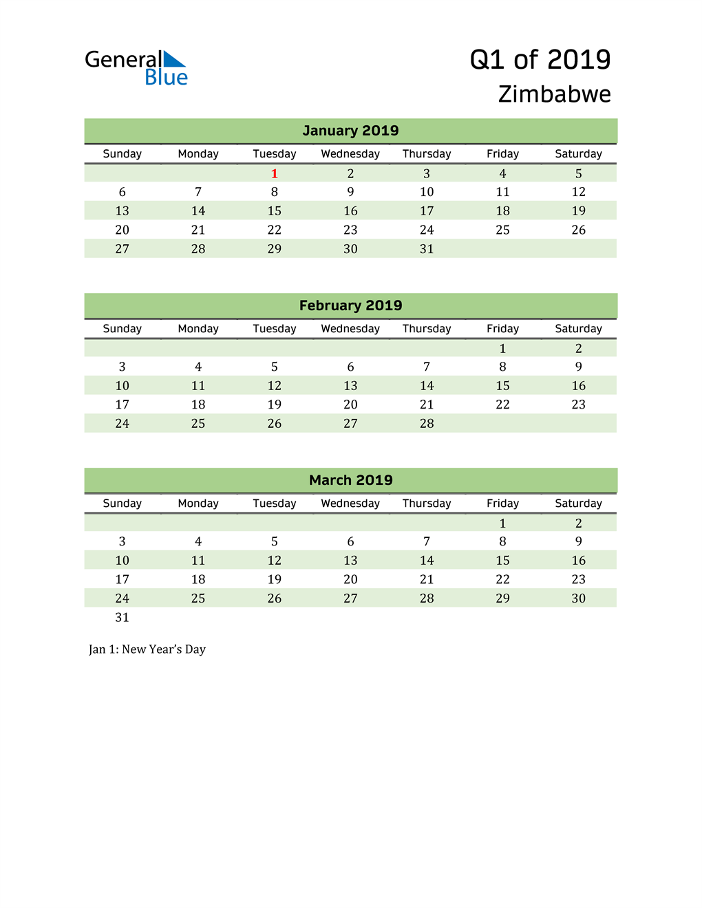  Quarterly Calendar 2019 with Zimbabwe Holidays 