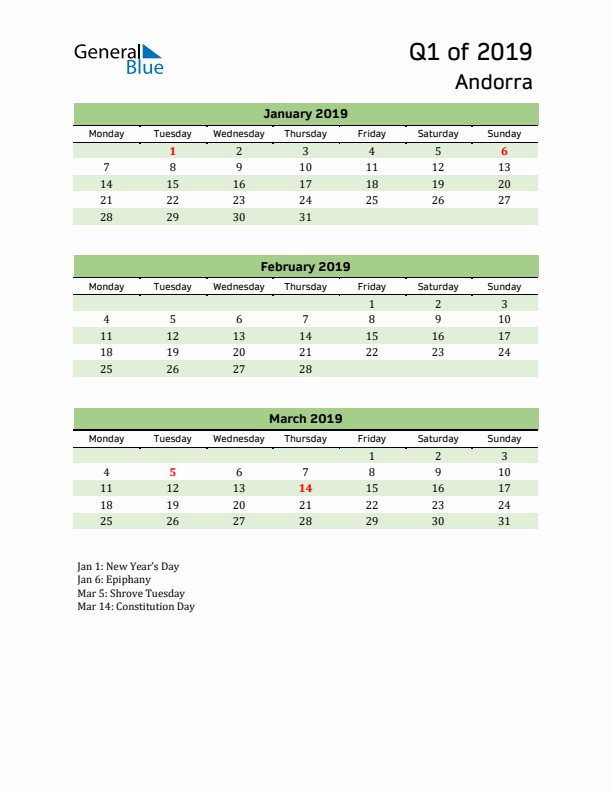 Quarterly Calendar 2019 with Andorra Holidays
