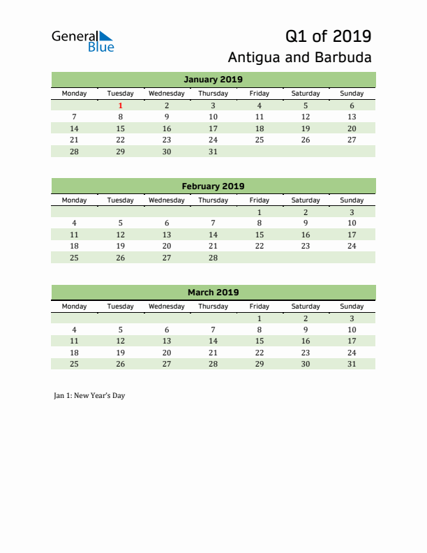 Quarterly Calendar 2019 with Antigua and Barbuda Holidays