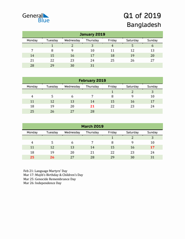 Quarterly Calendar 2019 with Bangladesh Holidays