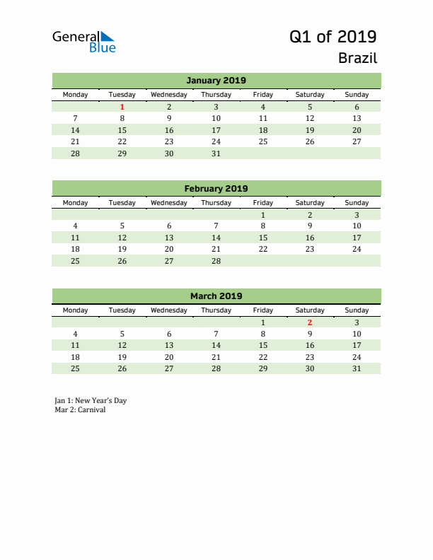 Quarterly Calendar 2019 with Brazil Holidays
