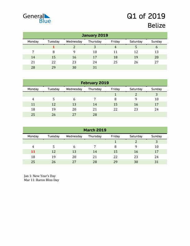Quarterly Calendar 2019 with Belize Holidays