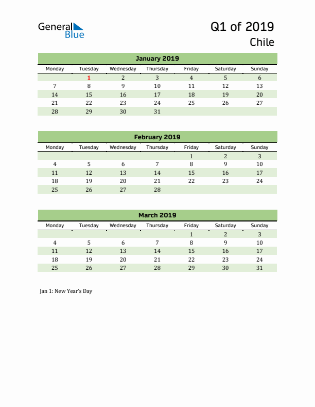 Quarterly Calendar 2019 with Chile Holidays