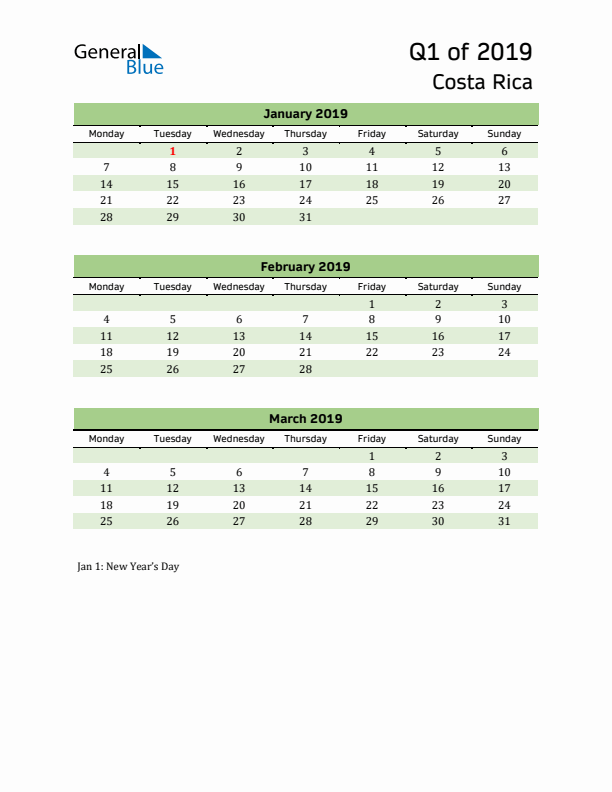 Quarterly Calendar 2019 with Costa Rica Holidays