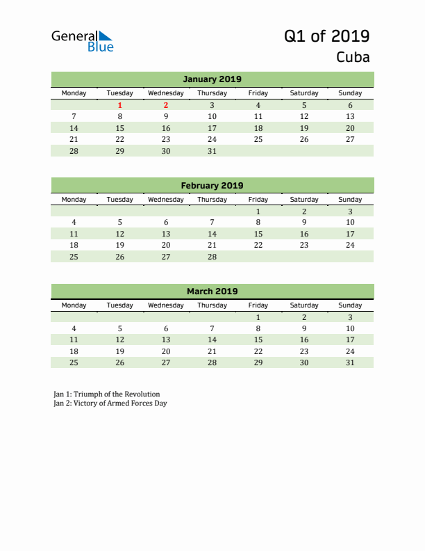 Quarterly Calendar 2019 with Cuba Holidays