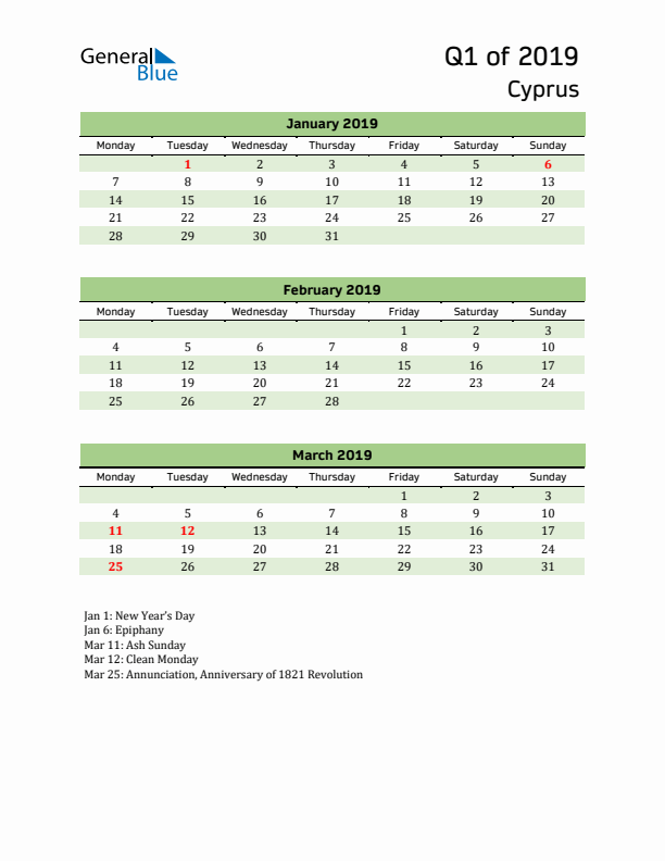 Quarterly Calendar 2019 with Cyprus Holidays