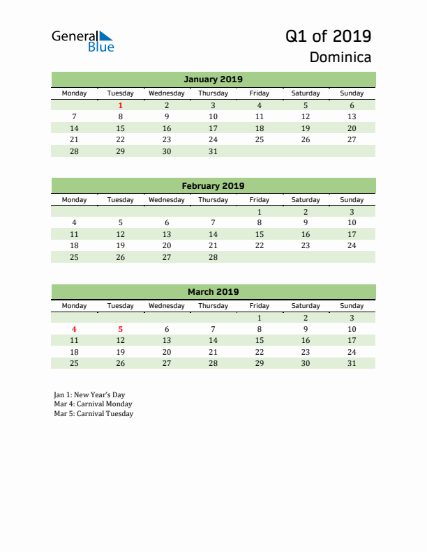 Quarterly Calendar 2019 with Dominica Holidays
