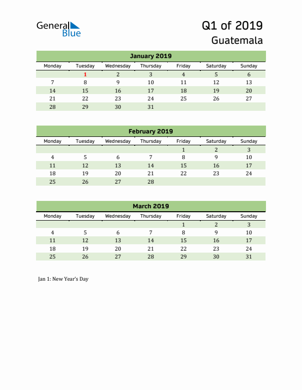 Quarterly Calendar 2019 with Guatemala Holidays
