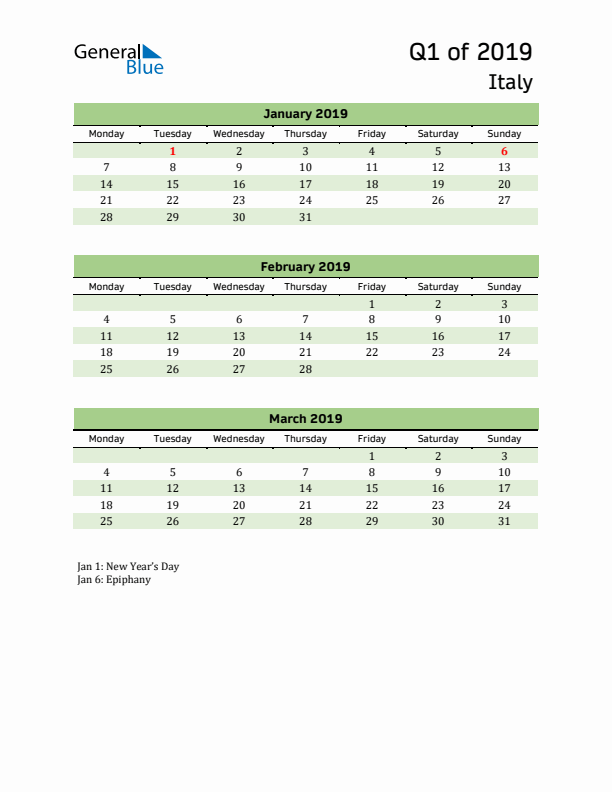 Quarterly Calendar 2019 with Italy Holidays