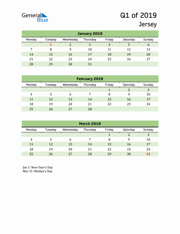 Quarterly Calendar 2019 with Jersey Holidays