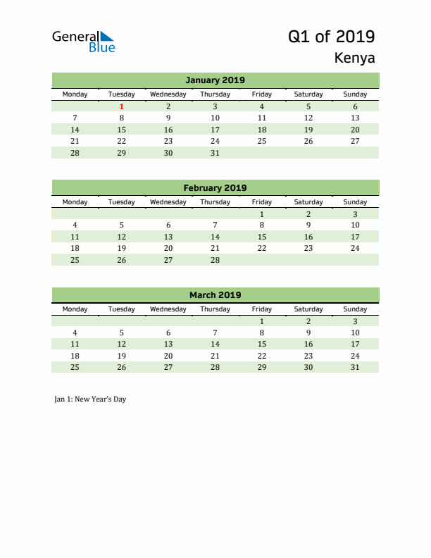 Quarterly Calendar 2019 with Kenya Holidays