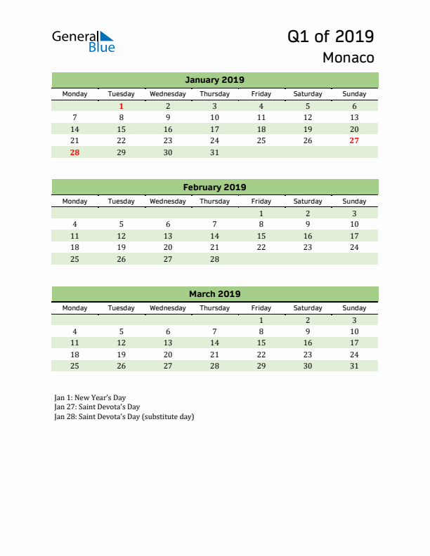 Quarterly Calendar 2019 with Monaco Holidays