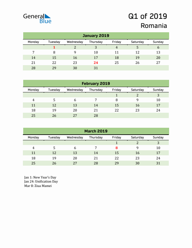 Quarterly Calendar 2019 with Romania Holidays
