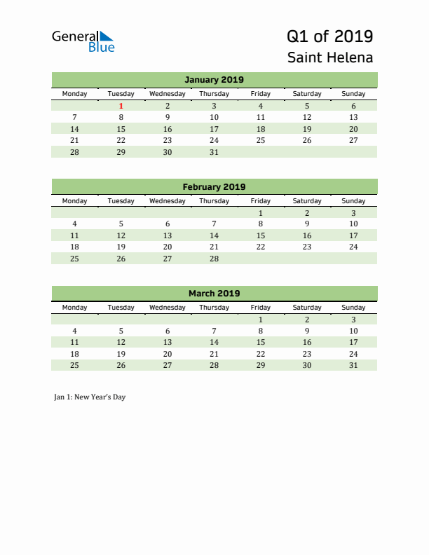 Quarterly Calendar 2019 with Saint Helena Holidays