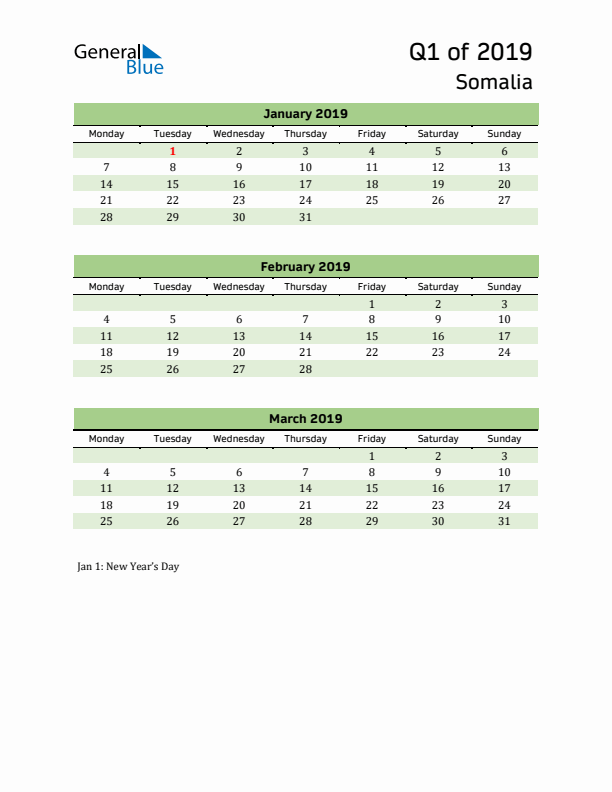 Quarterly Calendar 2019 with Somalia Holidays