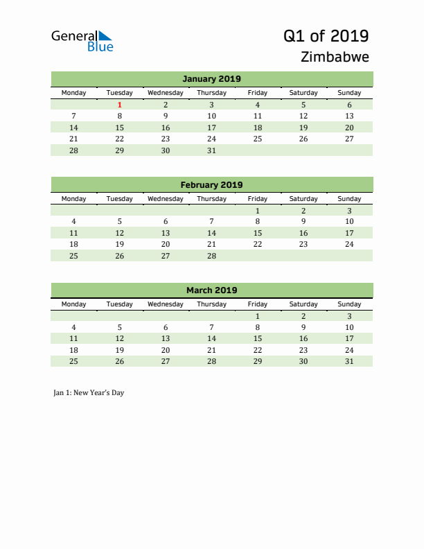 Quarterly Calendar 2019 with Zimbabwe Holidays