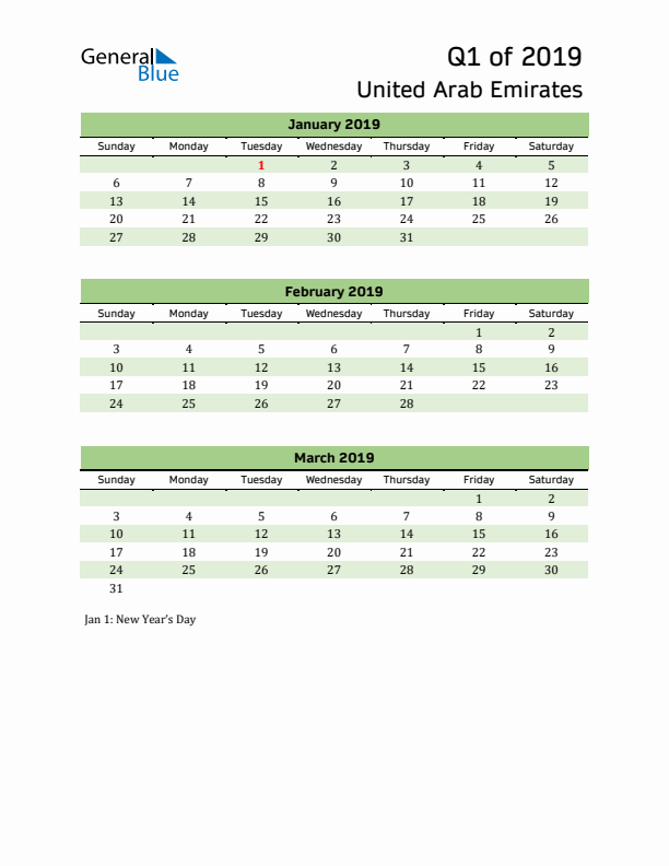 Quarterly Calendar 2019 with United Arab Emirates Holidays