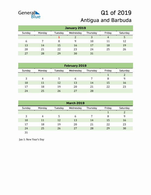 Quarterly Calendar 2019 with Antigua and Barbuda Holidays