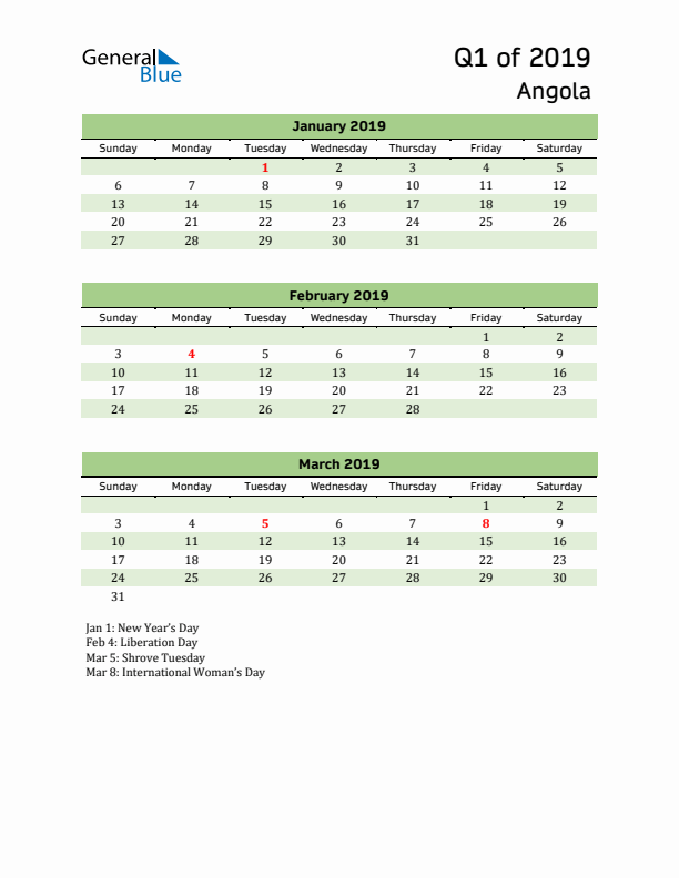 Quarterly Calendar 2019 with Angola Holidays