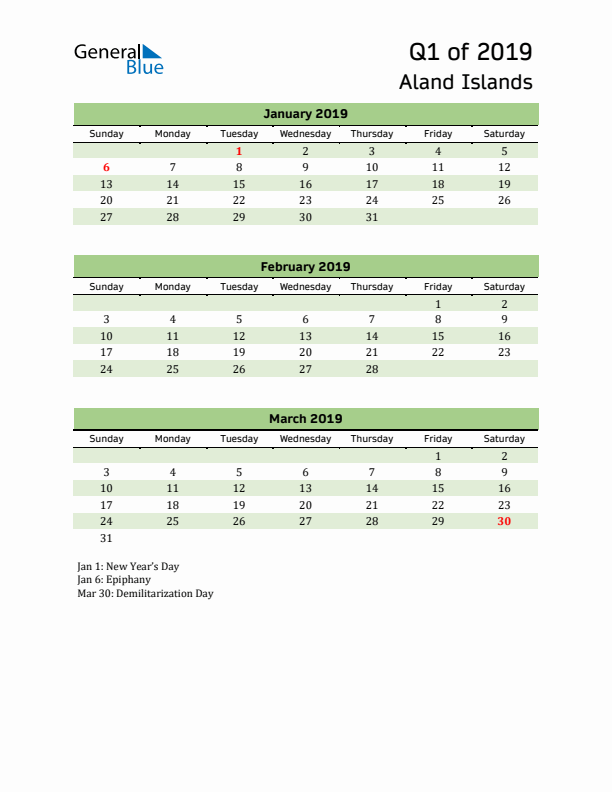 Quarterly Calendar 2019 with Aland Islands Holidays