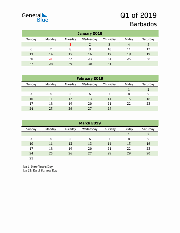 Quarterly Calendar 2019 with Barbados Holidays