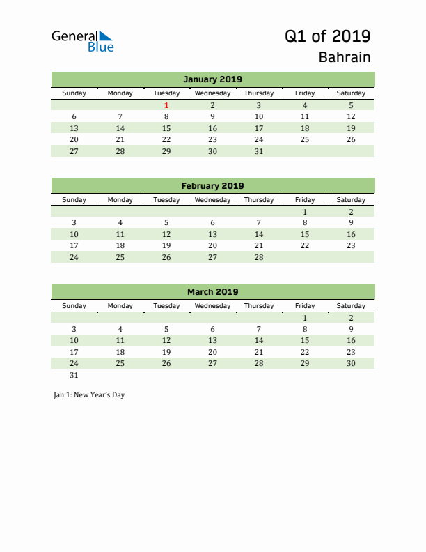 Quarterly Calendar 2019 with Bahrain Holidays