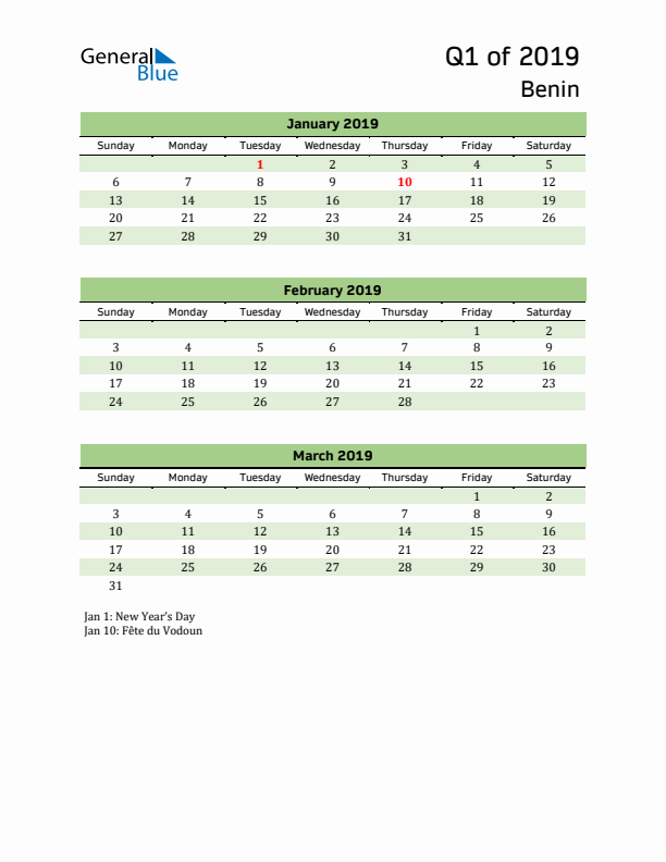 Quarterly Calendar 2019 with Benin Holidays