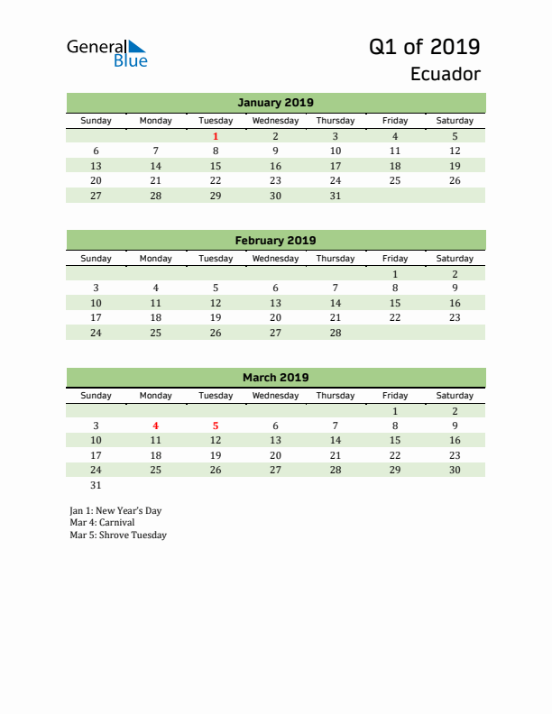 Quarterly Calendar 2019 with Ecuador Holidays