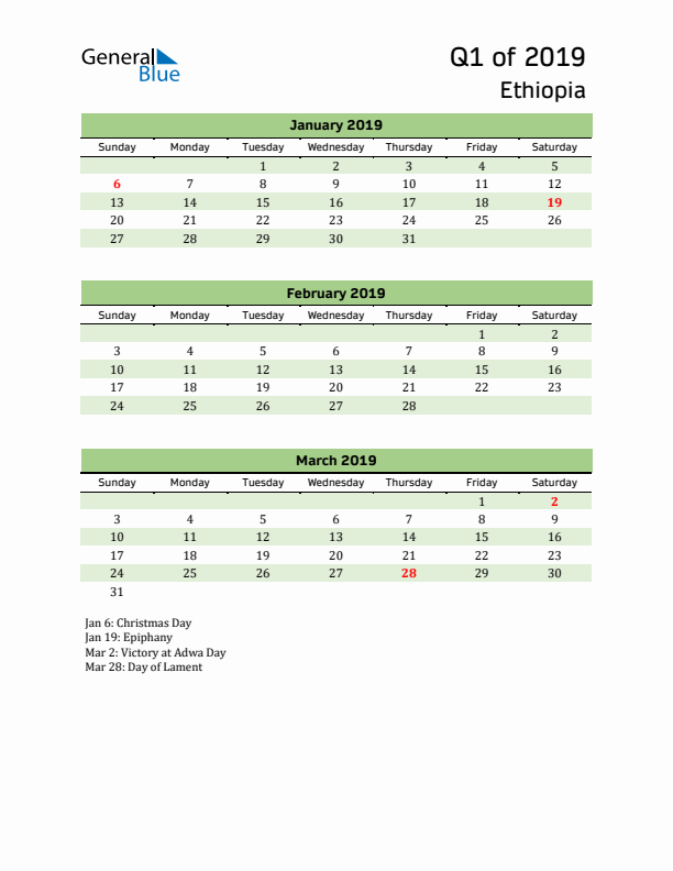 Quarterly Calendar 2019 with Ethiopia Holidays