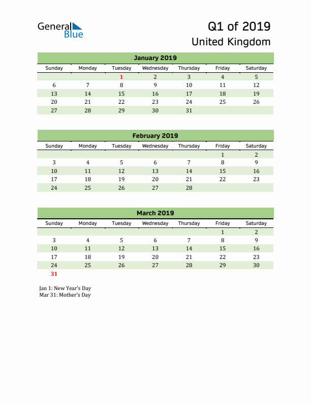 Quarterly Calendar 2019 with United Kingdom Holidays