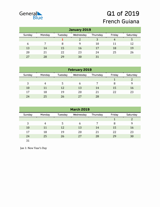 Quarterly Calendar 2019 with French Guiana Holidays