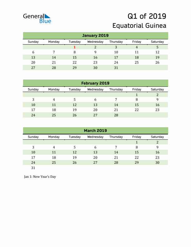 Quarterly Calendar 2019 with Equatorial Guinea Holidays