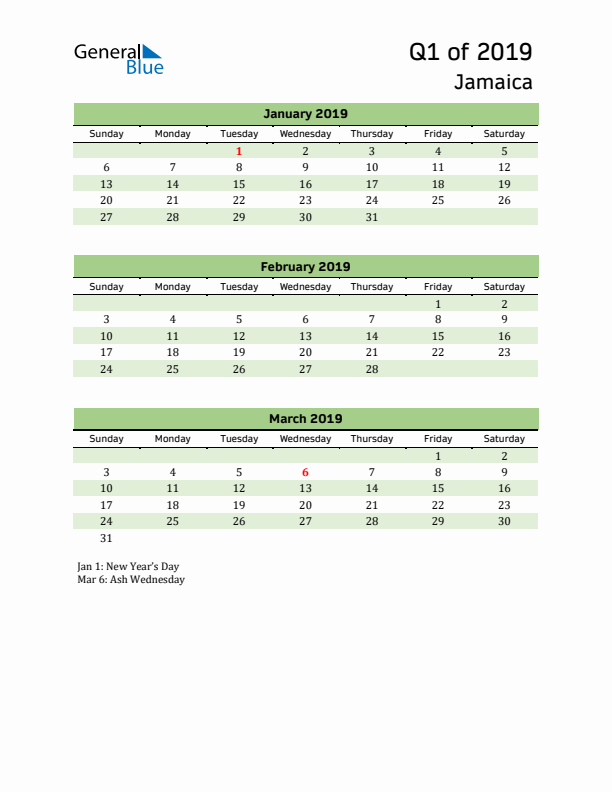 Quarterly Calendar 2019 with Jamaica Holidays