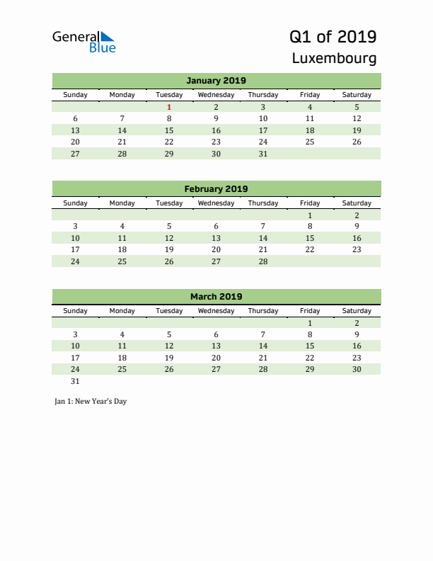 Quarterly Calendar 2019 with Luxembourg Holidays