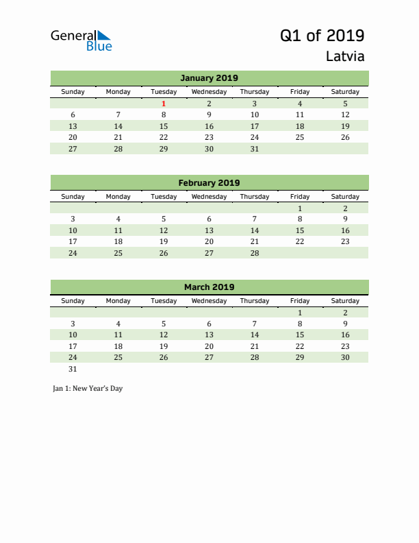 Quarterly Calendar 2019 with Latvia Holidays