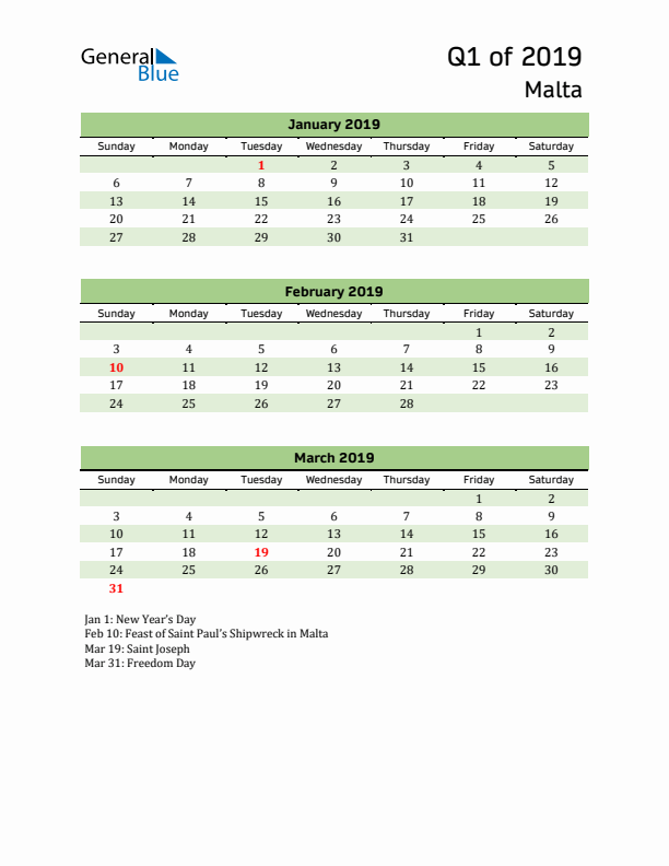 Quarterly Calendar 2019 with Malta Holidays