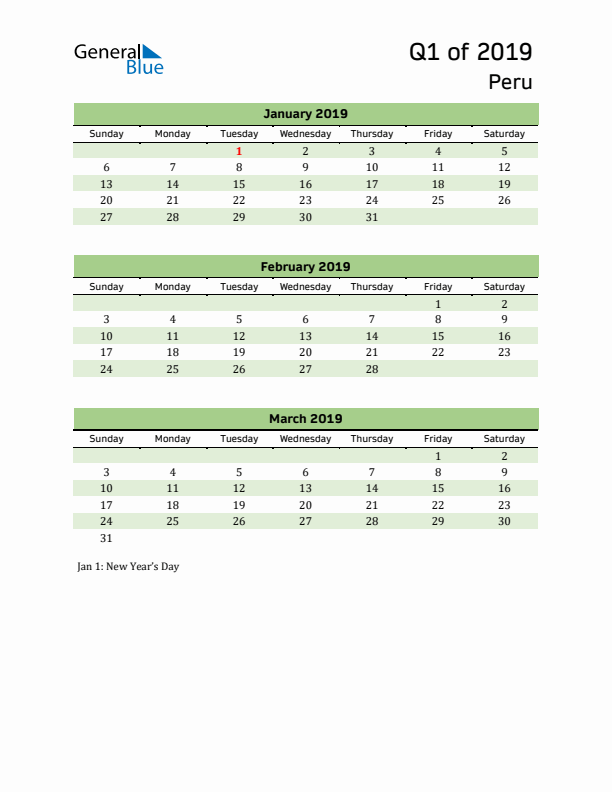 Quarterly Calendar 2019 with Peru Holidays