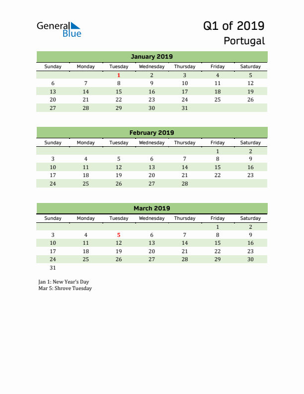 Quarterly Calendar 2019 with Portugal Holidays