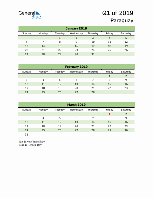 Quarterly Calendar 2019 with Paraguay Holidays