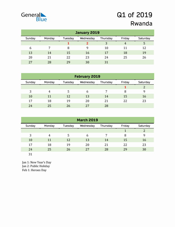 Quarterly Calendar 2019 with Rwanda Holidays